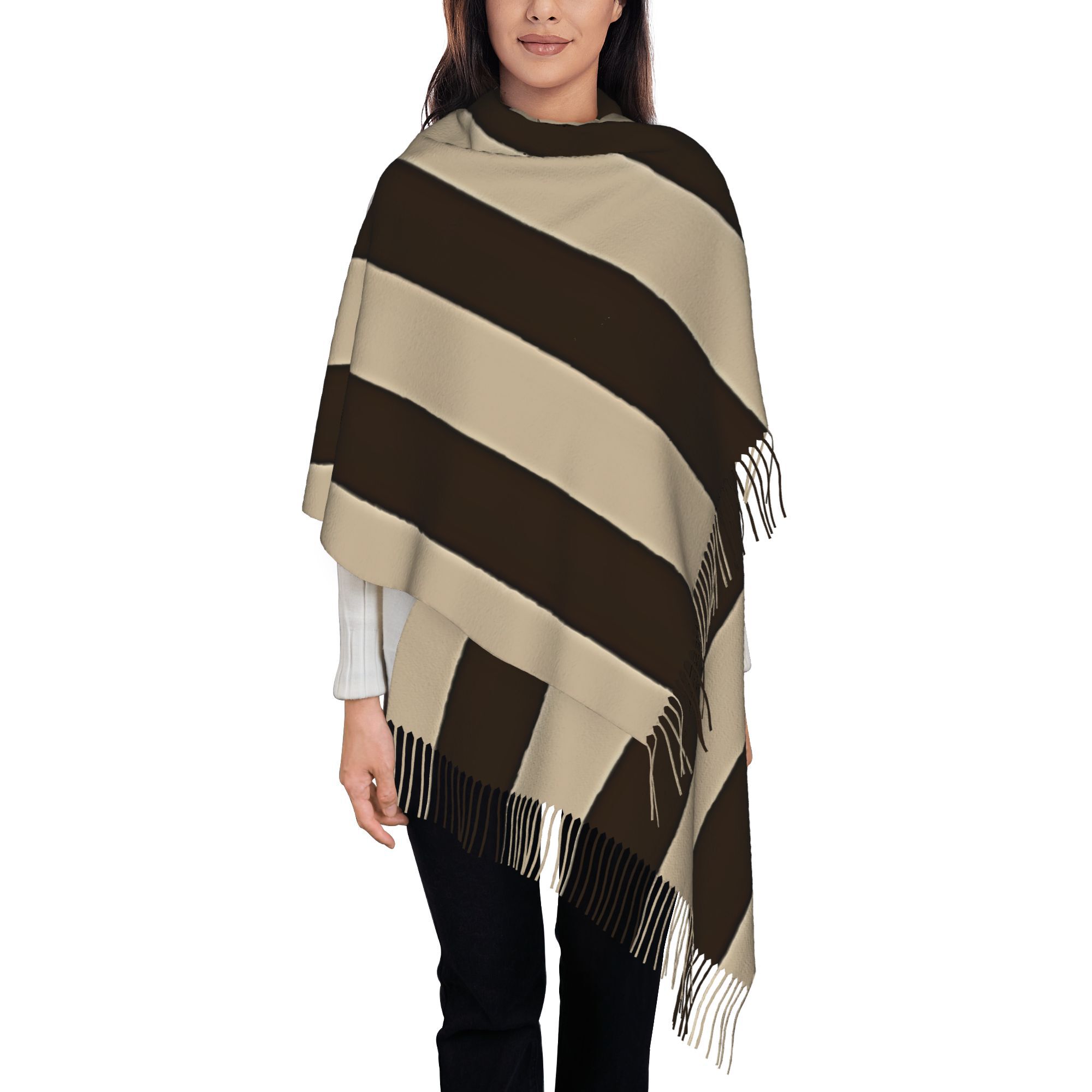 Tassel Fringe Trim - 1枚入り、縦縞の茶色とベージュのタッセル付きスカーフ・ショール - レトロな縦縞模様にタッセルフリンジがあしらわれ、暖かく冬に最適なネックウォーマー。
